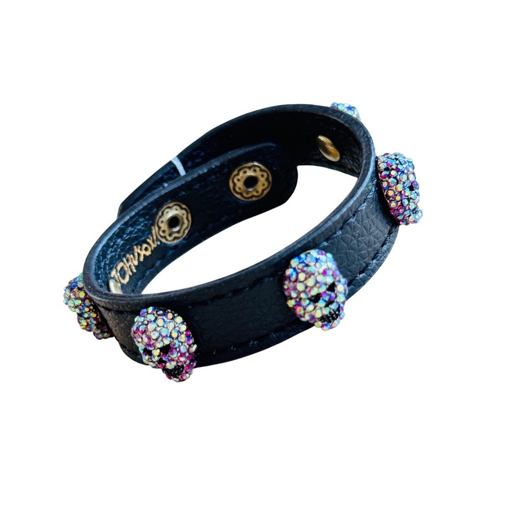 Betsey‎ Johnson Skull Vegan Leather Bracelet WhimsyGoth Goth Punk Rhinestone NWT